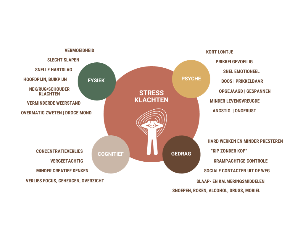Stressklahten op de werkplek. Fysiek, psyche, cognitief en gedrag.